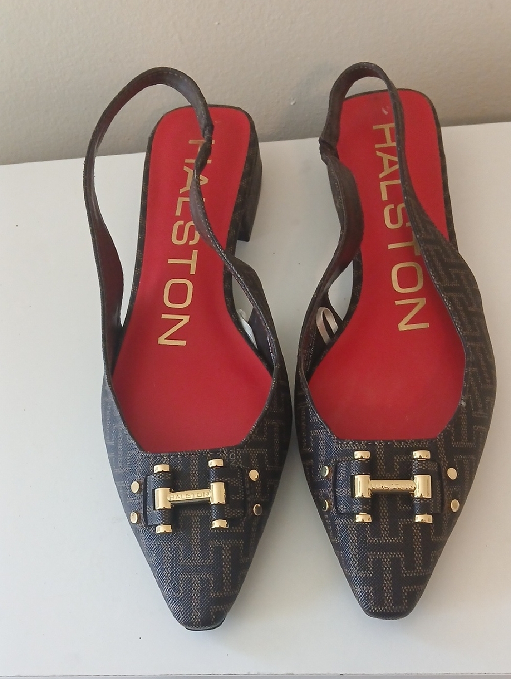 Halston Heritage Black Brown Patterned Slingback Flats with Gold Accents